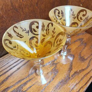 Michael Weems Etched Martini Glasses Set of 2 – Vintage Decorative Yellow